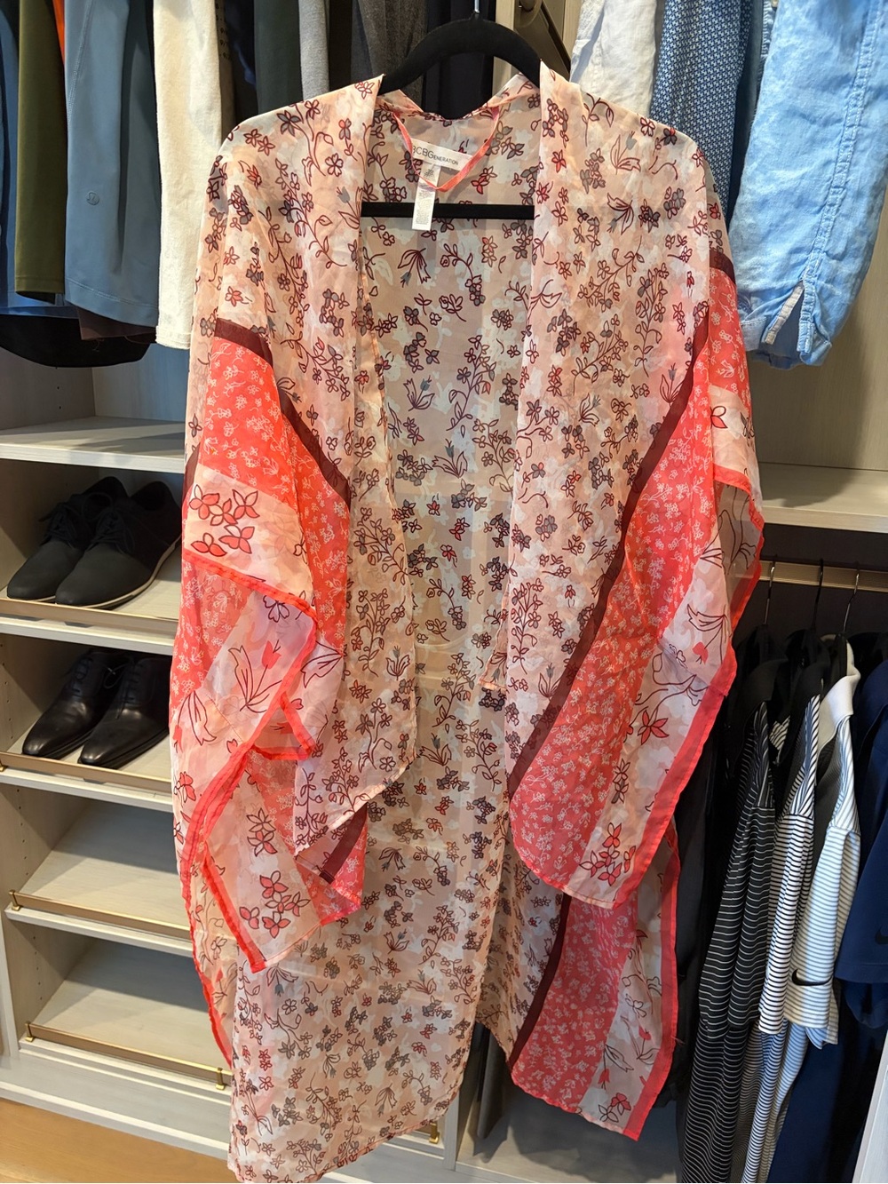Vintage BCBG Sheer Floral Kimono Duster Robe in Coral Pink